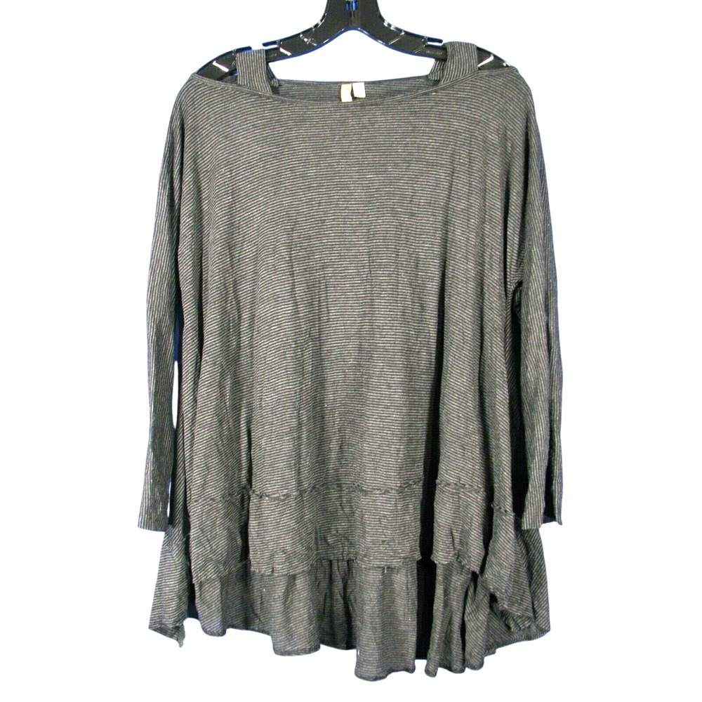 COMFY USA Lagenlook GRAY/BLACK STRIPED TOP Jersey Knit HI-LOW Cold Shoulder XS